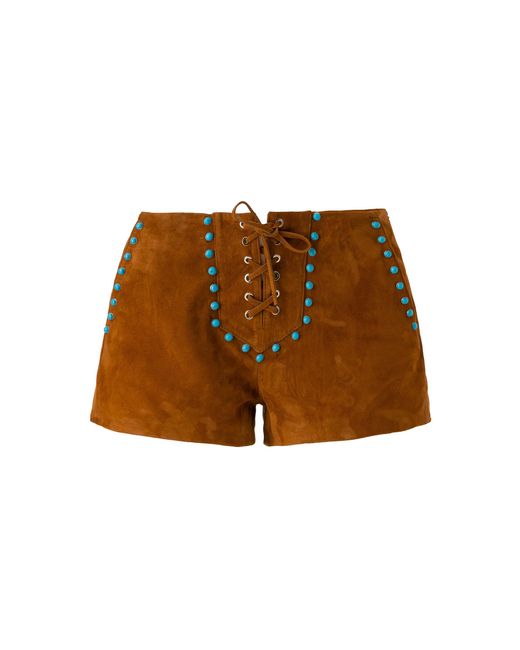 Siedres Brown Lea Lace-Up Embellished Suede Shorts