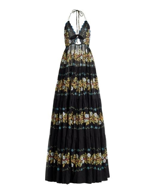 Etro Black Cutout Floral Cotton Tiered Maxi Halter Dress