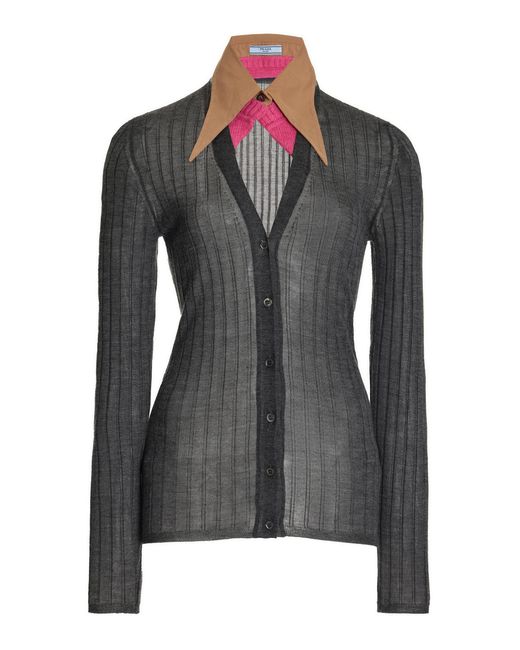 Prada Black Collared Knit Silk Cashmere Cardigan