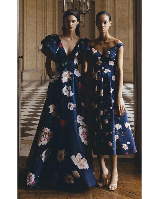 Monique Lhuillier Blue Off-the-shoulder Floral Faille Dress