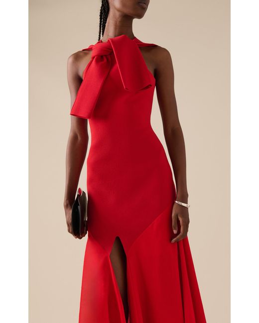 A.W.A.K.E. MODE Red Organza-Paneled Knit Maxi Dress