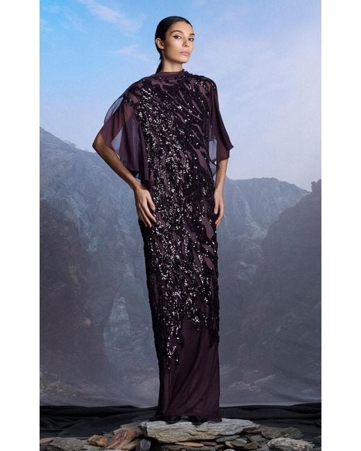 Marmar Halim Purple Flutter Sleeve Sequined Silk Chiffon Gown