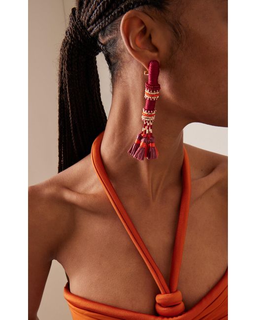 Johanna Ortiz Red Swahili Beaded Tassel Earrings