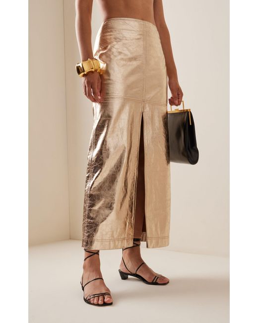 Johanna Ortiz Natural Ancient Stitching Metallic Leather Midi Skirt