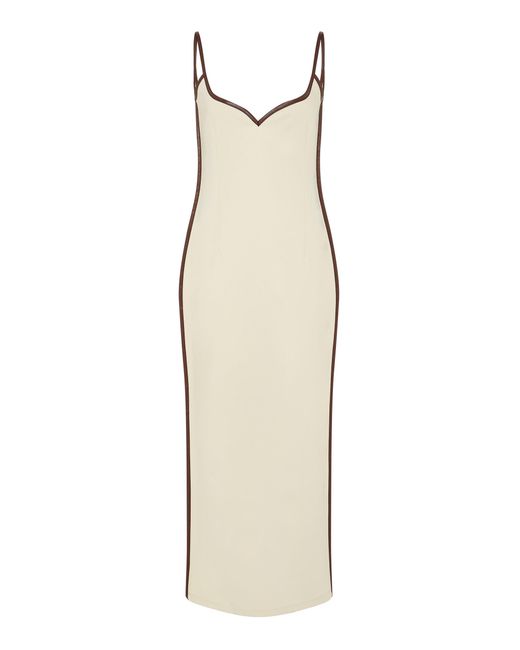 Paris Georgia Natural Sweetheart Vegan Leather-trimmed Crepe Midi Dress