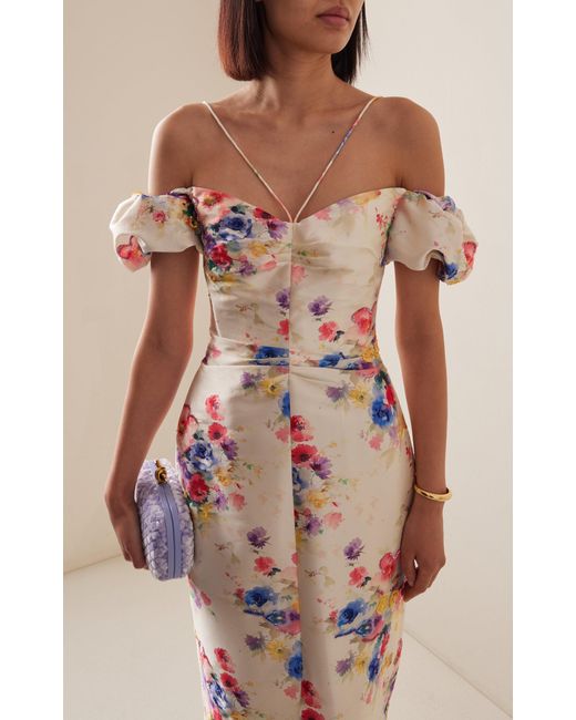 Markarian White Palma Beaded Off-the-shoulder Floral Satin Midi Dress