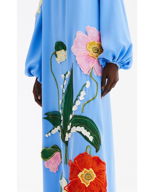Oscar de la Renta Blue Oversized Embroidered Silk Maxi Dress