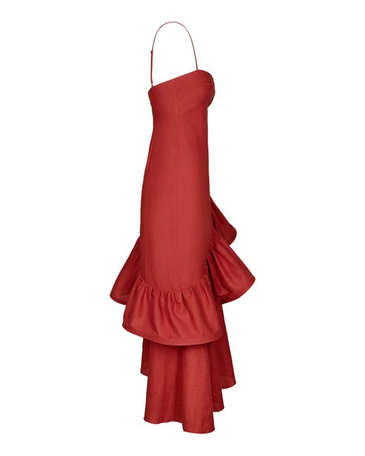 Johanna Ortiz Red Acércate Más Ruffled Linen-blend Midi Dress