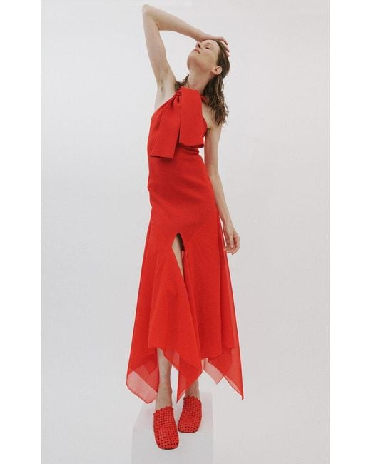 A.W.A.K.E. MODE Red Organza-Paneled Knit Maxi Dress