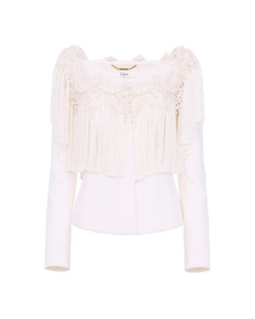 Chloé White Fringed Embroidered Wool Off-The-Shoulder Jacket