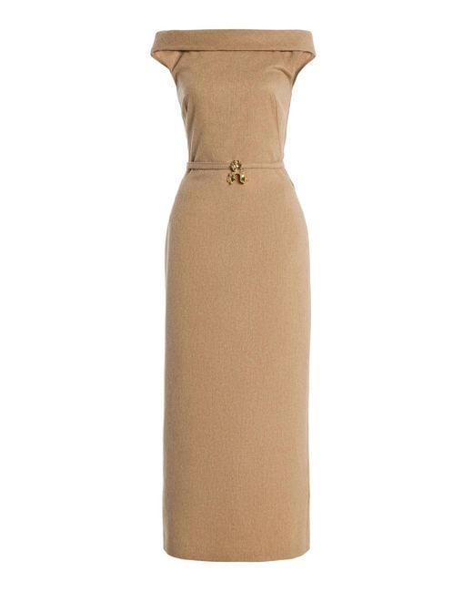 Oscar de la Renta Natural Boatneck Wool-Cashmere Midi Dress