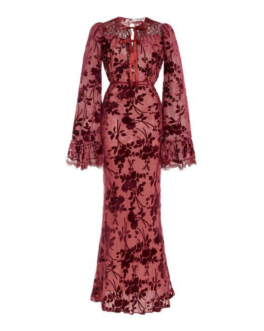 Rodarte Red Bell-sleeve Lace-trimmed Flocked Maxi Dress
