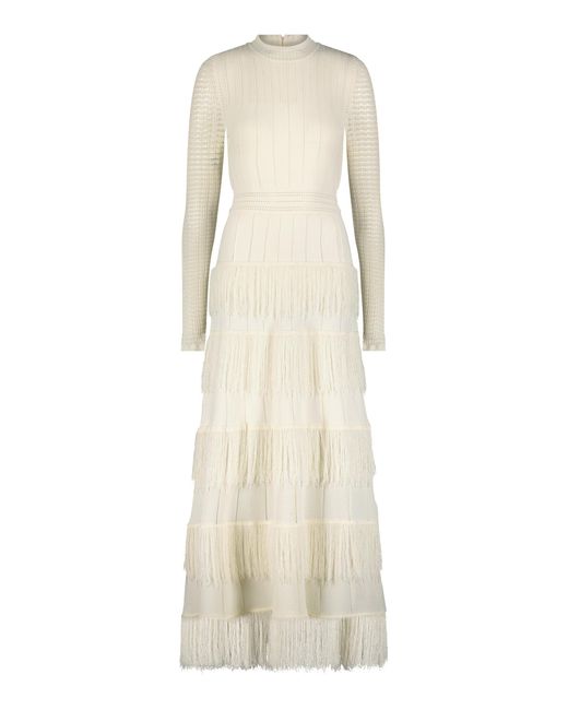 Lela Rose White Piper Fringed Knit Maxi Dress