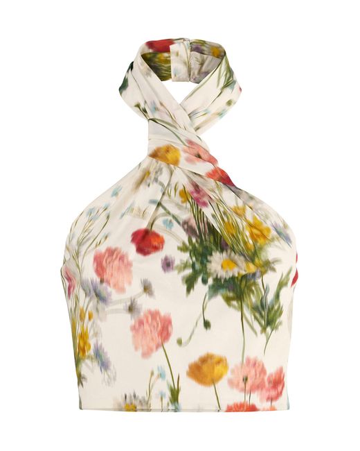 Carolina Herrera White Halter Meadow Floral Cotton Top