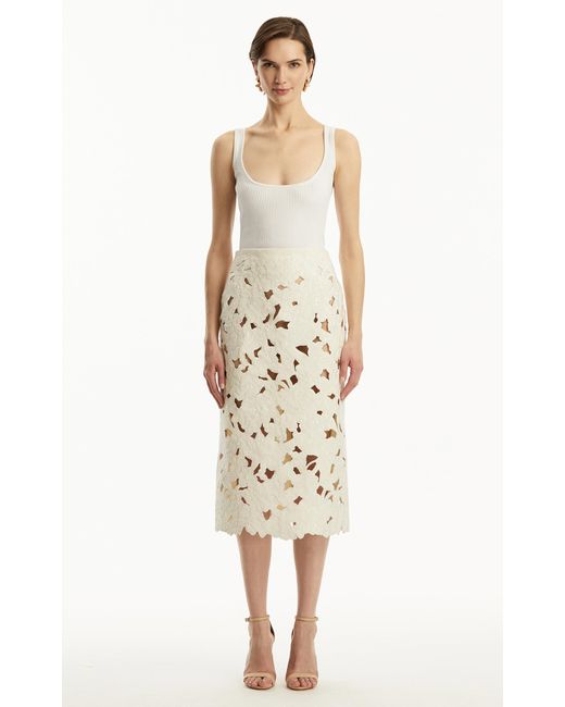 Oscar de la Renta Natural Embroidered Cutout Tweed Midi Skirt