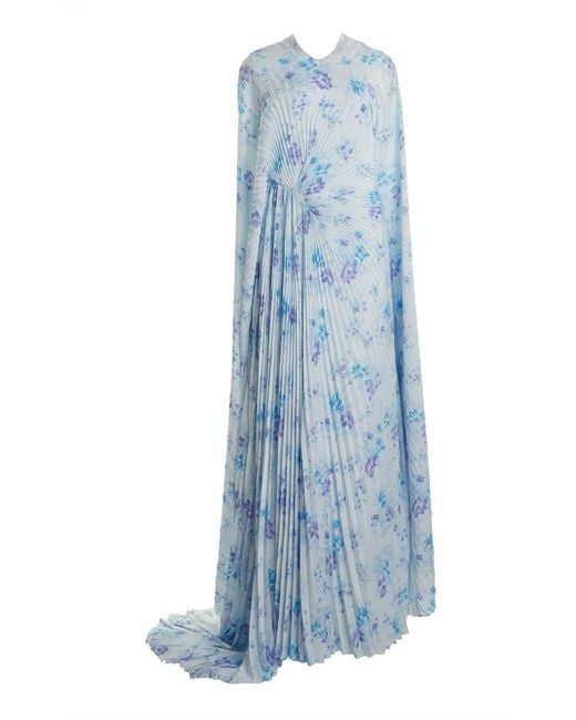 Balenciaga Blue Floral Plisse Maxi Cape Dress