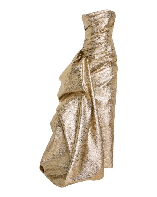 Marmar Halim Natural Exclusive Draped Lamé Gown