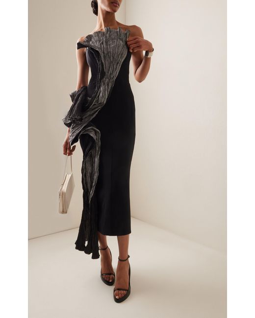 Maticevski Black Waller Midi Dress With Pleated Drape Detail
