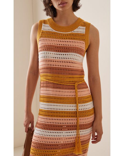 Matthew Bruch Orange Striped Knit-mesh Midi Tank Dress