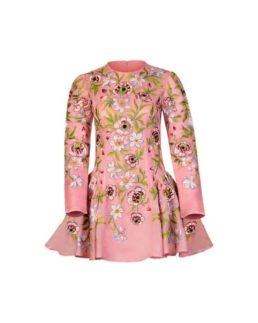 La Fuori Pink Lily Garden Linen-Silk Embroidered Dress