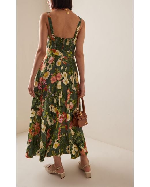 Cara Cara Green Calypso Belted Floral Linen Bustier Midi Dress