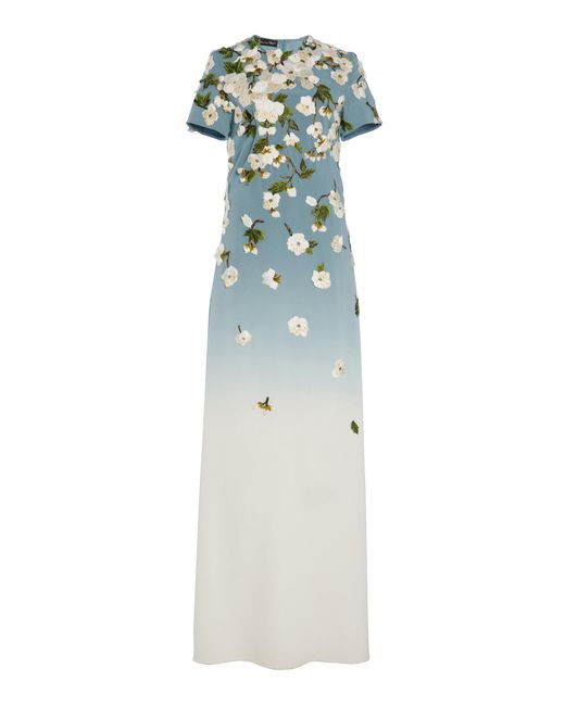 Oscar de la Renta White Embroidered Stretch-Silk Gown