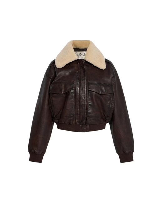 Sea Black Lenoir Shearling-Trimmed Leather Cropped Bomber Jacket