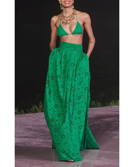 Carolina Herrera Green Embroidered Cotton Maxi Skirt