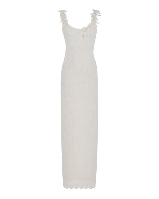 Carolina Herrera White Sleeveless Knit Scalloped Lace Maxi Dress