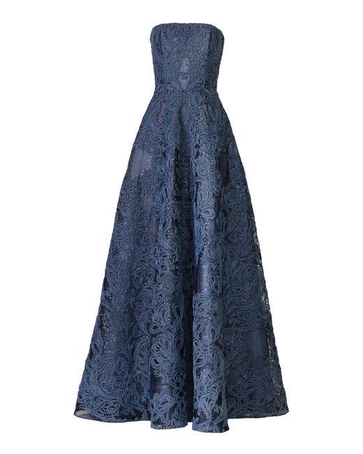 Naeem Khan Blue Raffia Bustier Strapless Gown