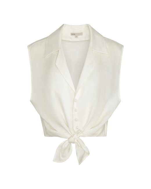 Onia White Tie Front Linen-Blend Shirt