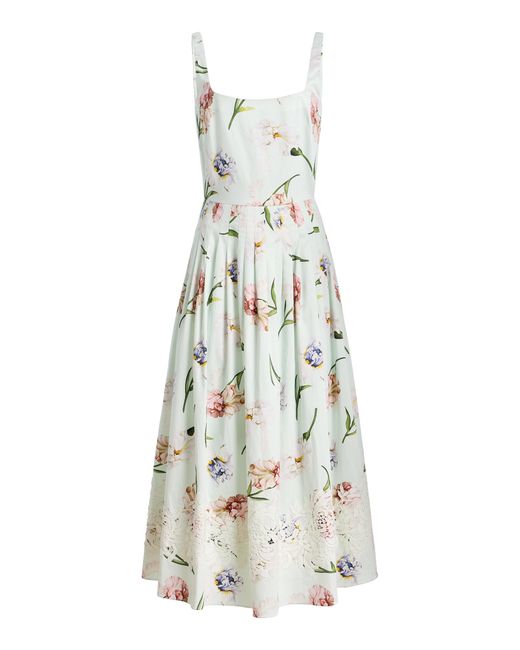 Oscar de la Renta White Sleeveless Painted Iris Poplin Midi Dress