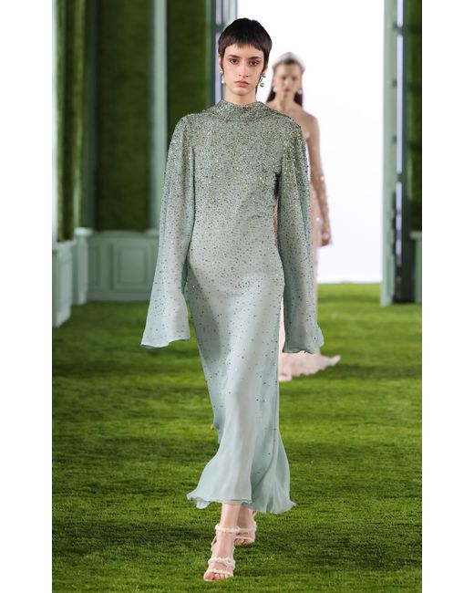 Georges Hobeika Green Crystal-embellished Chiffon Midi Dress