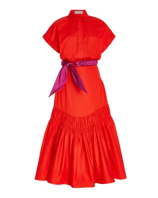 Silvia Tcherassi Red Molise Ruched Taffeta Midi Dress