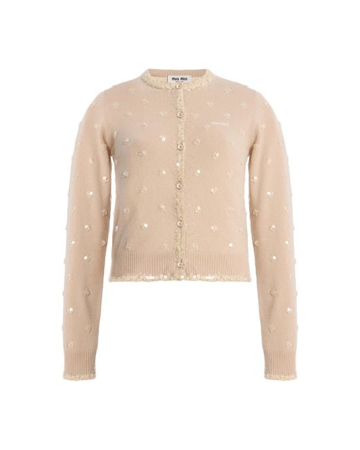 Miu Miu Natural Embellished Cashmere Cardigan