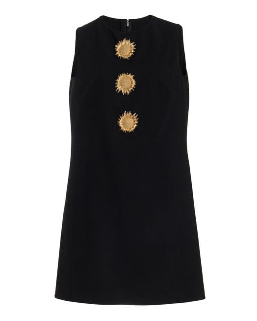 Oscar de la Renta Black Sunflower-embellished Stretch-wool Midi Shift Dress