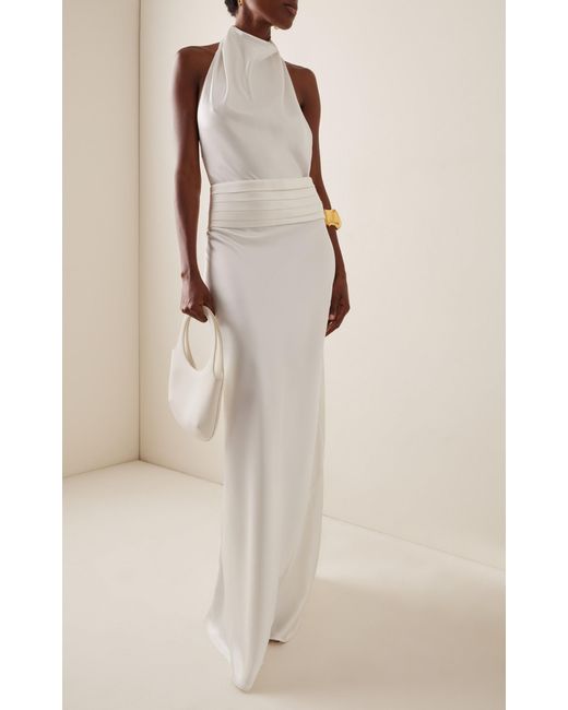 Ila White Sidney Belted Draped Satin Gown