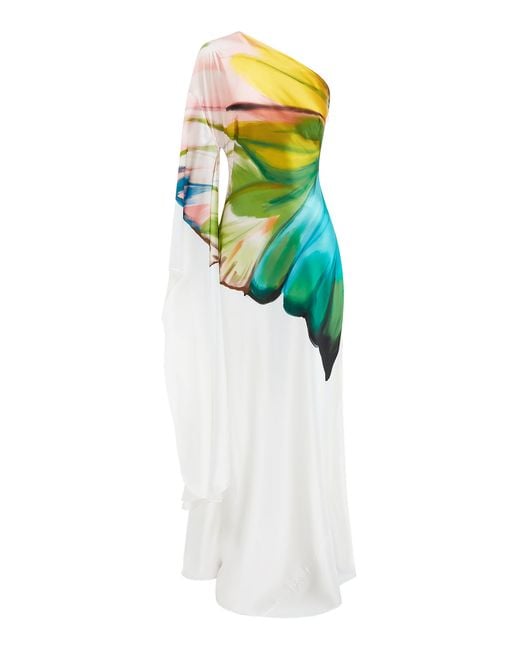 LEO LIN Blue Mei Asymmetric Printed Satin Gown