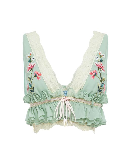 LEO LIN Green Fiadh Ruffled Embroidered Crop Top