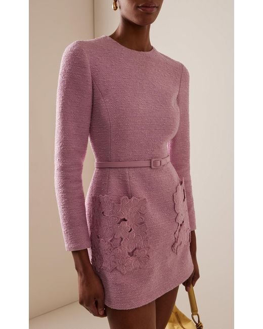 oscar de la renta embroidered tweed mini dress Oscar de la Renta Short-Sleeve Floral Embroidered Tweed Mini Dress