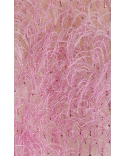 Oscar de la Renta Pink Strapless Feather Embroidered Dress