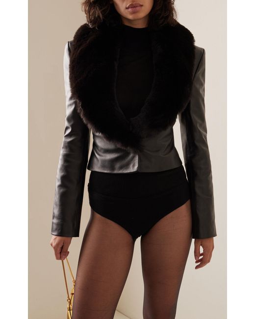 Magda Butrym Black Cropped Fur Collar Leather Jacket