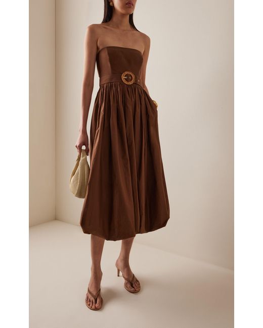 Cara Cara Brown Anisha Belted Strapless Linen Bubble-hem Midi Dress