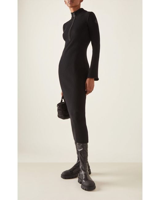 Moncler Black Half-zip Knit Crepe Midi Dress