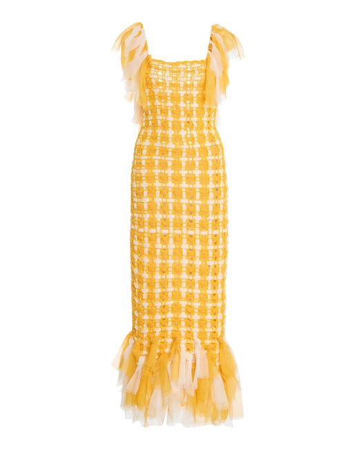 Carolina Herrera Metallic Fringed Viscose Woven Ribbon Tea-Length Dress