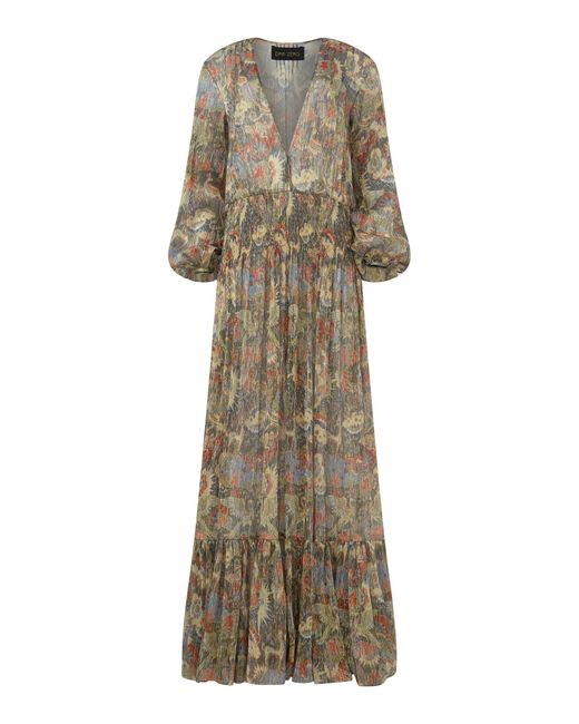 Dar Zéro Studio Natural Exclusive Psychedelic Printed Lamé Smock Waist Maxi Dress