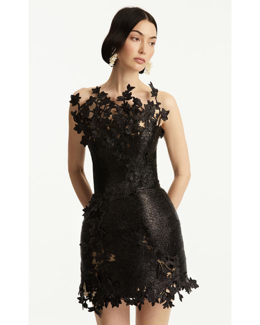Oscar de la Renta Black Embroidered Threadwork Mini Dress