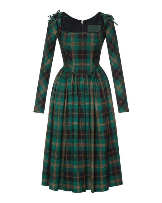 Lena Hoschek Green Vivienne Convertible Plaid Cotton Midi Dress