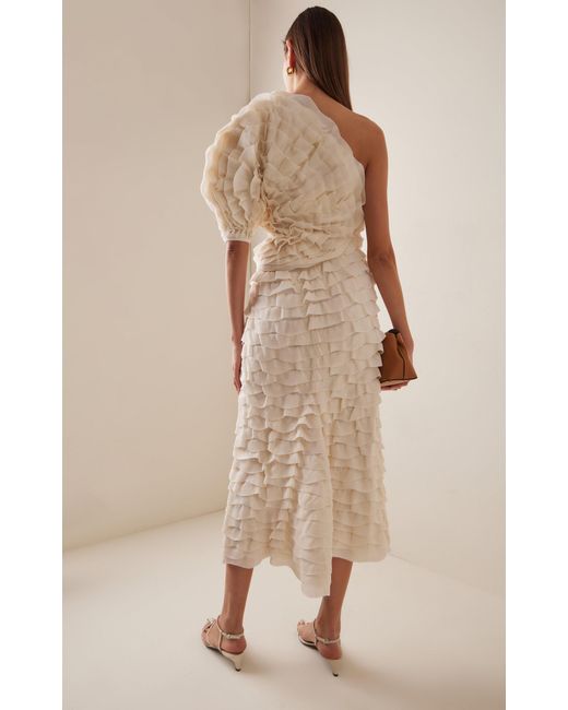 Chloé White Ruffled Silk Midi Dress