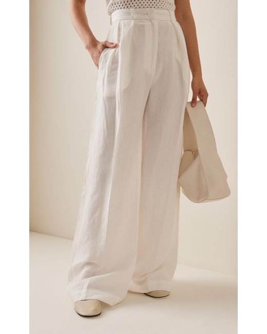 Matthew Bruch White Pleated Linen-blend Wide-leg Trousers